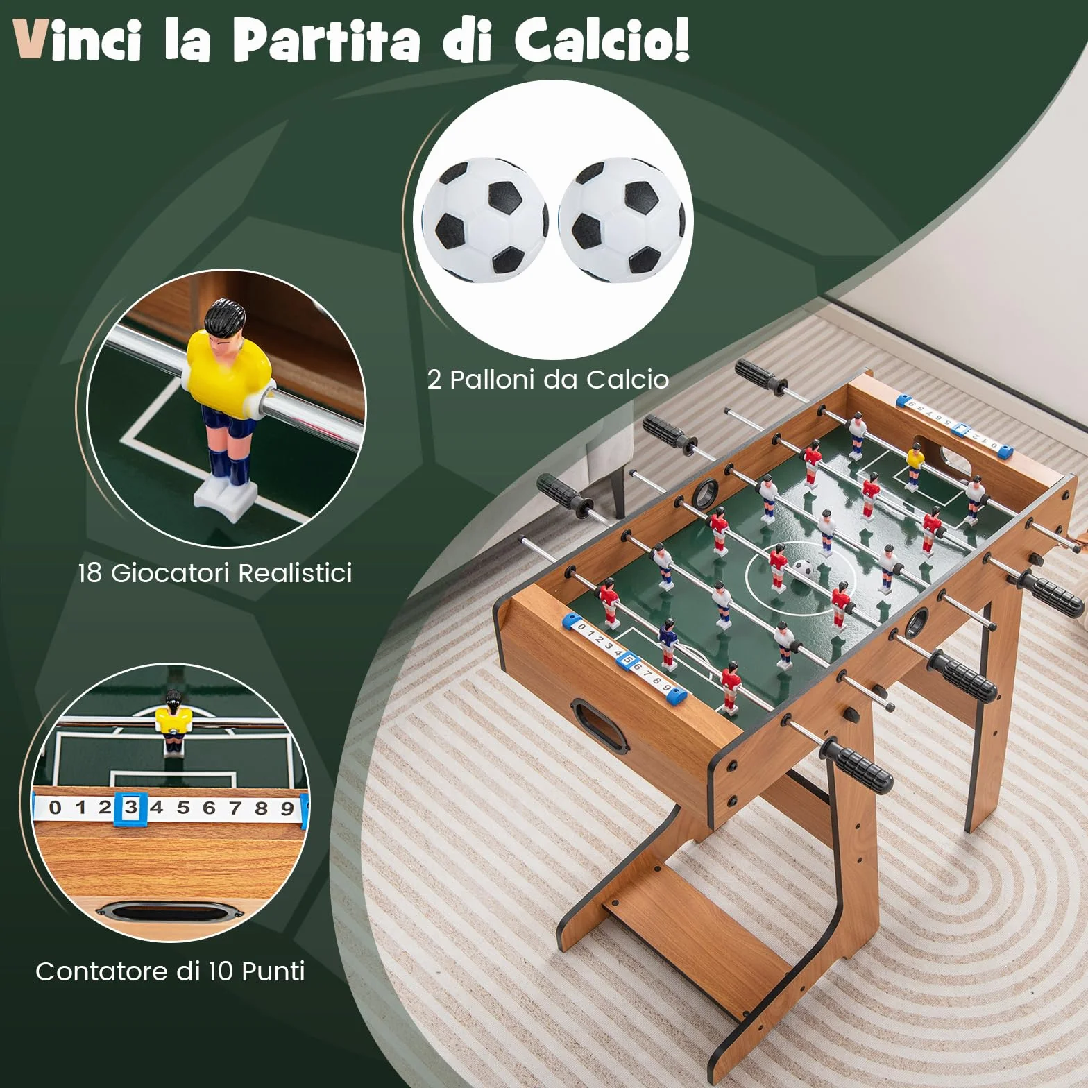 COSTWAY Calcio Balilla Professionale, Calcetto Balilla da Tavolo in Legno, Biliardino Pieghevole per Casa per 2-4 Bambini o Adulti, con 22 Giocatori 8 Aste 2 Palline e 2 Segnapunti