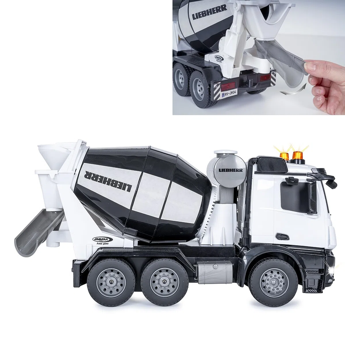 JAMARA Frullatore Mercedes Benz Arocs Liebherr 1:20 2,4 GHz – licenza ufficiale, allarme retromarcia, 4 ruote motrici, pneumatici profilati, luce LED, tamburo di miscelazione girevole con funzione di