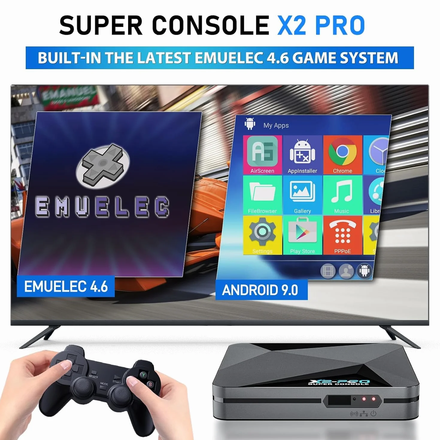 Kinhank Console di gioco retrò, Super Console X2 Pro integrata 100000+ giochi, console per videogiochi Android 9.0/Emuelec 4.6, uscita 4K UHD, 2.4G/5G, BT 5.0