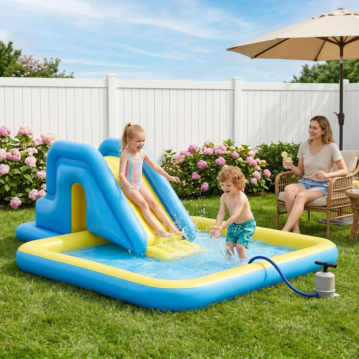 Scivolo Gonfiabile per Piscina Azzurro con Pompa a Pedale, Facile Installazione, Gioco in Cortile Interno ed Esterno
