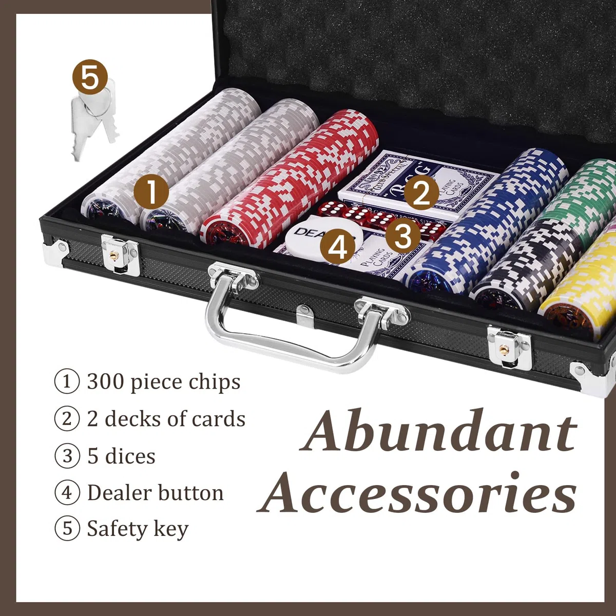 HOMASIS Set da Poker con 300 Chips, Valigetta da Poker con Serratura, Kit Poker con 2 Mazzi di Carte, 5 Dadi, 1 Bottone del Mazziere, Carte da Poker per Feste (Nero)