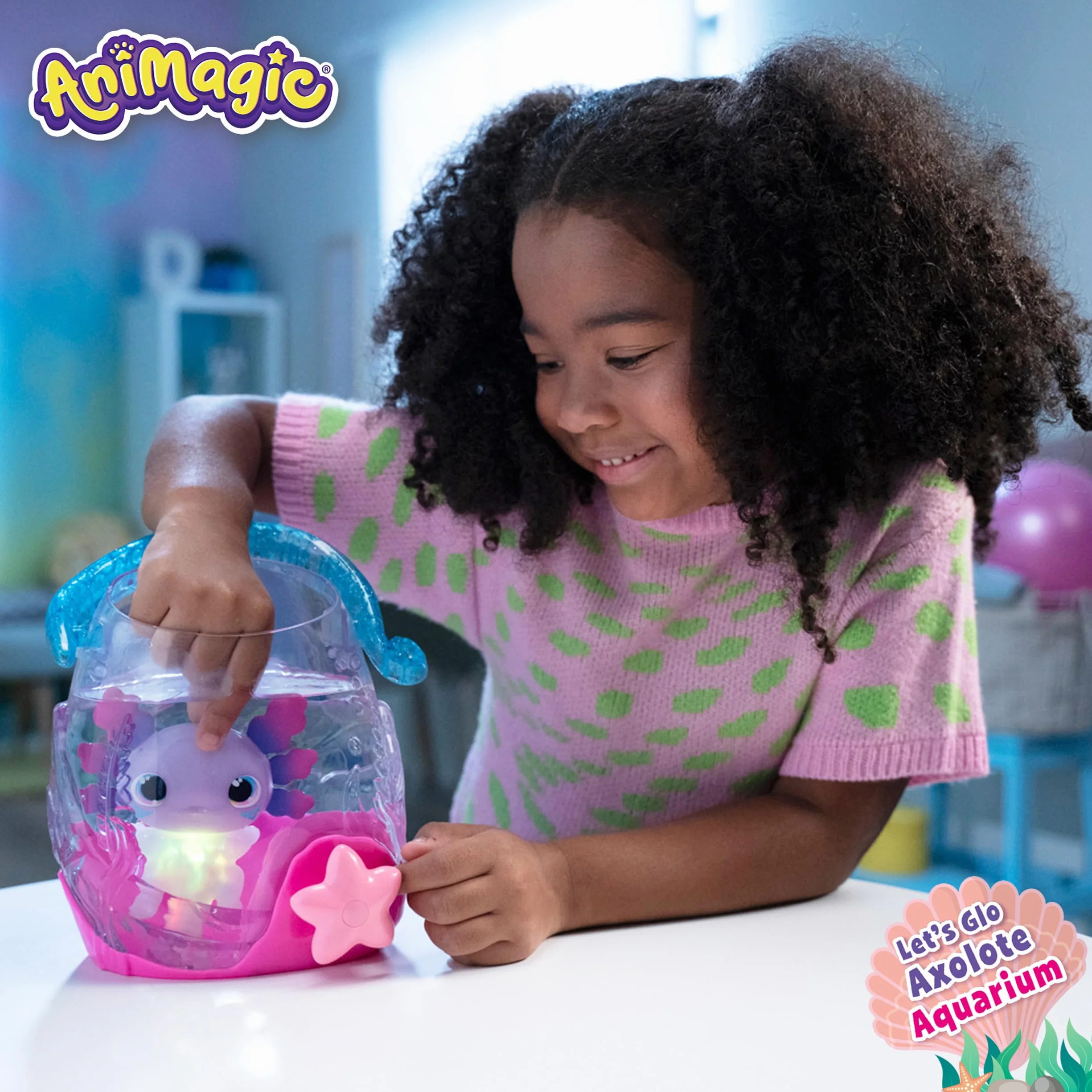 ANIMAGIC Let's Glo Axolotl Bubble Reef Acquario interattivo 2 axolotl rosa viola Compagni elettronici luminosi Gioco sensoriale tattile bambini 4+