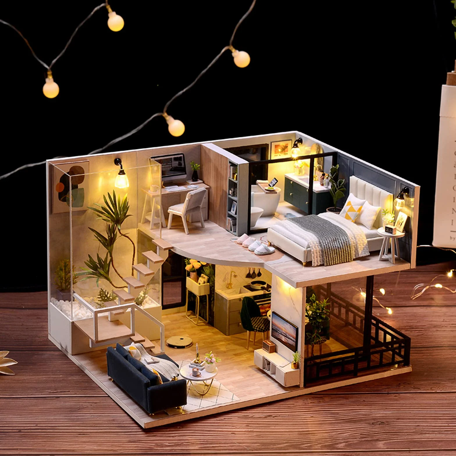Cuteroom Kit Fai da Te Mini Dollhouse Wooden Furniture Casetta Fatta a Mano con Carillon – per Il Montaggio di Giocattoli Regali di Compleanno (Satisfied Time)