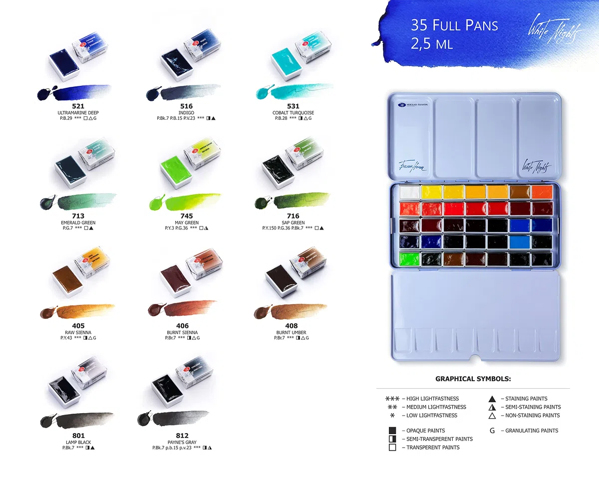 Honsell White Nights - Set di acquerelli per artisti, 35 colori in una custodia in metallo