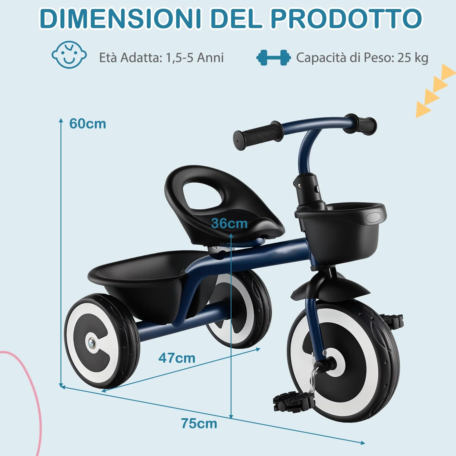 COSTWAY Triciclo per Bambini, Trike con Sede Regolabile Cestini Anteriori e Posteriori, Bicicletta a 3 Ruote con Telaio in Ferro Carbonioso di Alta Resistenza, per Bambini 1,5-5 Anni (Blu)