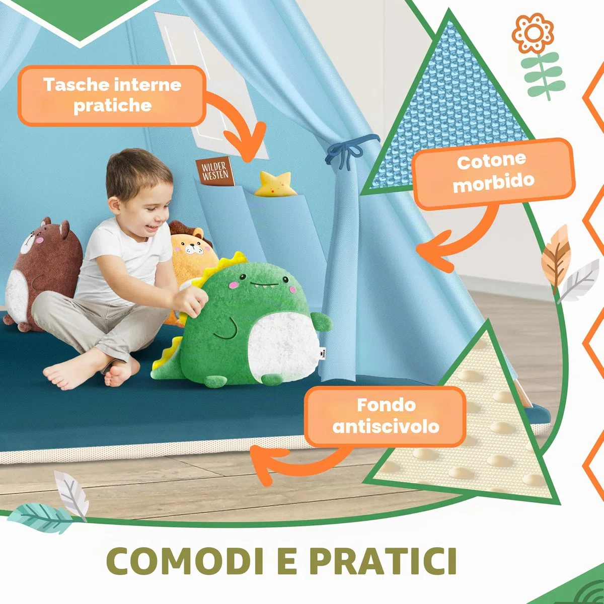 KIDIZ® Tipi Tenda da gioco per bambini 100 x 100 x 160 cm cotone con LED