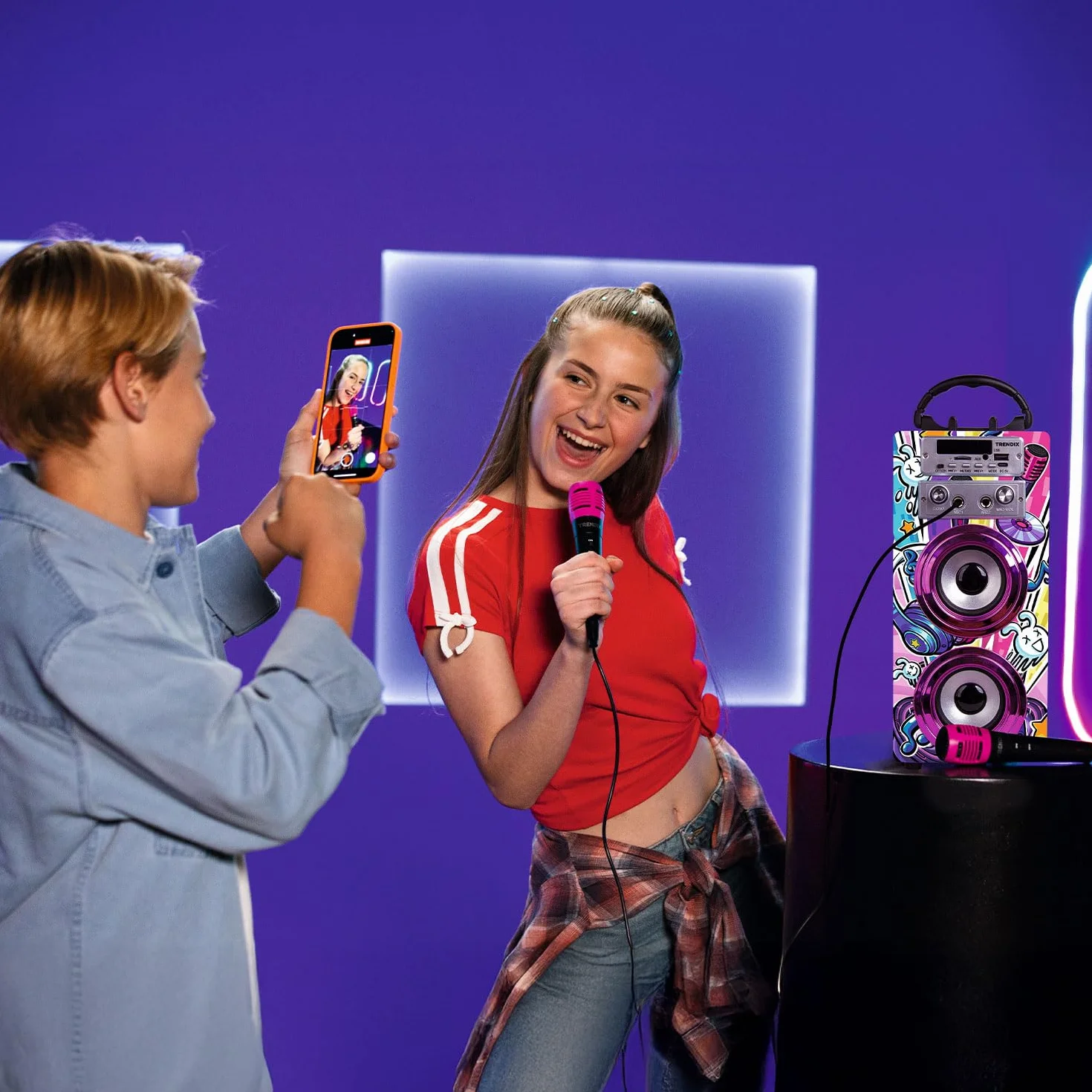 Karaoke Per Bambini Party Edition Con Microfono Cassa Bluetooth Radio Fm Usb 2 Microfoni Rosa