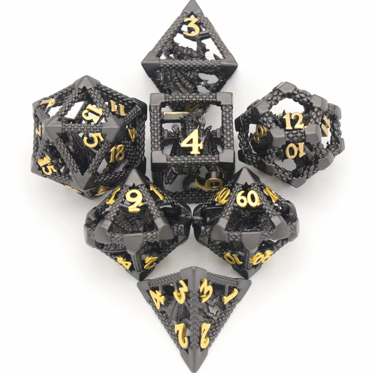Set di Dadi Poliedrici in Metallo HNCCESG – 7 Pezzi per Giochi di Ruolo e da Tavolo (Design 3D Drago Cavo, Nero)
