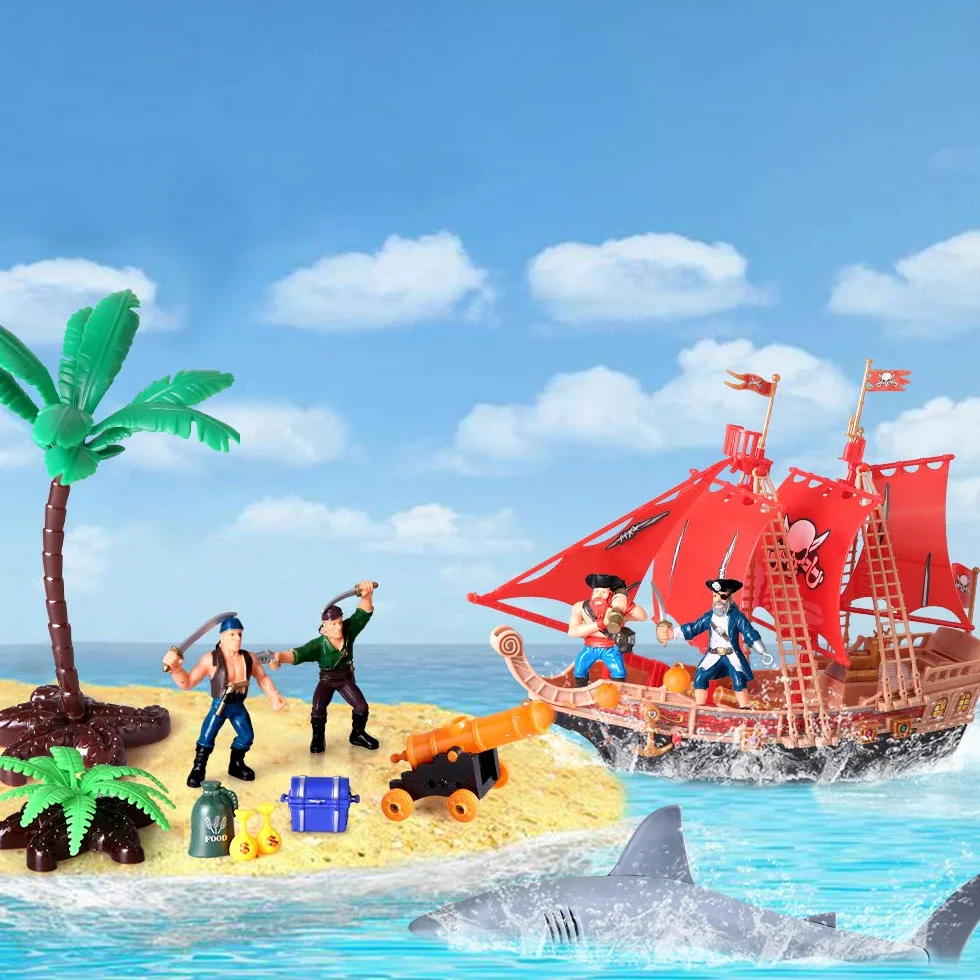 Bambini Pirate Ship Adventure Giocattoli Con Plastica Action Figures Pirate Vessel Playset con Squalo, Barca, Cannone, Alberi e Altri Accessori Regalo Educativo per Ragazzi Ragazze 3 4 5 6 7 8 Anni