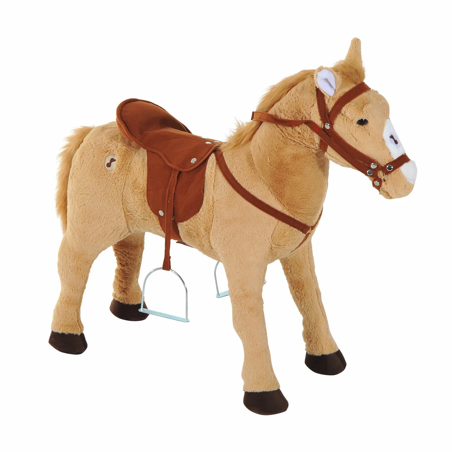 HOMCOM Cavallo Giocattolo con Sella, Briglie e Poggiapiedi, Cavallo Cavalcabile in Peluche, Metallo e Cotone PP, 85x28x60 cm, Beige