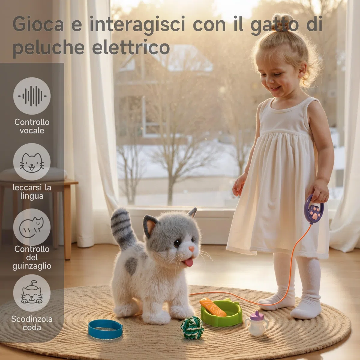 OR OR TU Gatto Giocattolo per Bambini Peluche Elettronico Cammina al Guinzaglio che Lecca Interattivi Realistici 3-7+ anni
