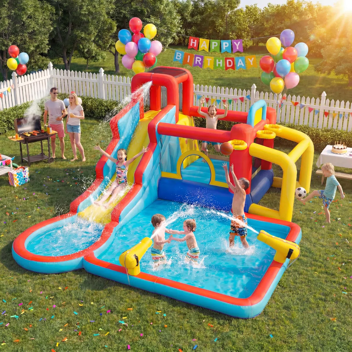 AKEYDIY Scivolo d'acqua per bambini 10 in 1, casetta gonfiabile con piscina spruzzi