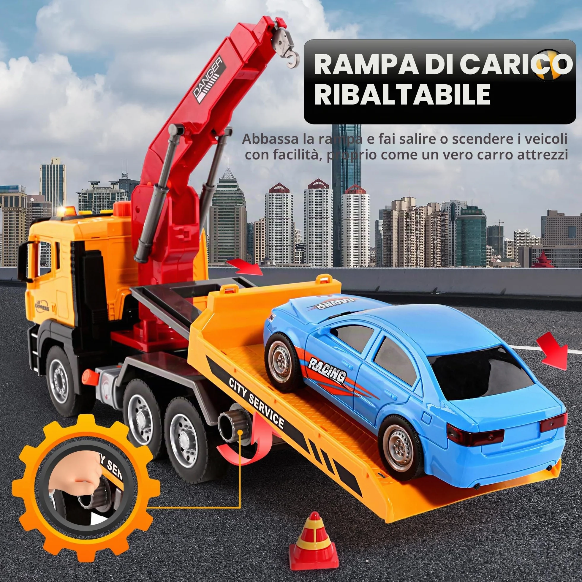 BunnyJOY Camion Giocattolo Bambini 3 4 5 6 Anni, Camion Soccorso Giocattolo con Luci e Suoni, Carro Attrezzi con Gru e Catena con Auto Inclusa, Regalo Bambini