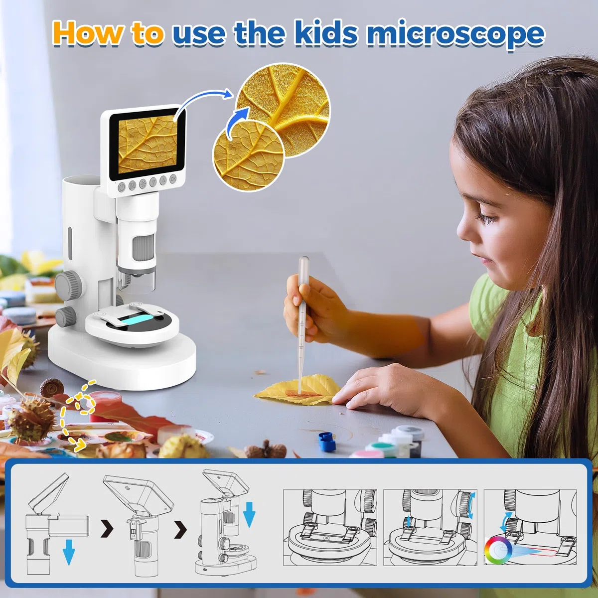 USCAMEL 1000X Microscopio Digitale per Bambini - Schermo 4K 3.5", Elettronico Ricaricabile con Kit di Vetrini - Educativo ingrandimento per monete, piante, insetti, apprendimento scientifico