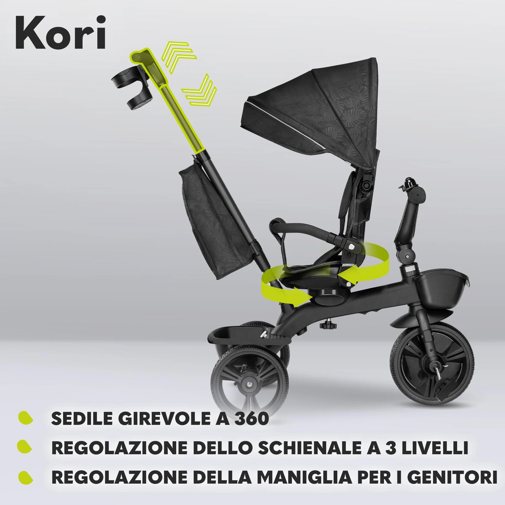 LIONELO Kori Triciclo Evolutivo per Bambini da 1.5 Anni fino a 25 kg Sedile Girevole 360° Telaio ultraleggero in lega di magnesio, Pneumatici resistenti, Maniglione per genitori e Accessori