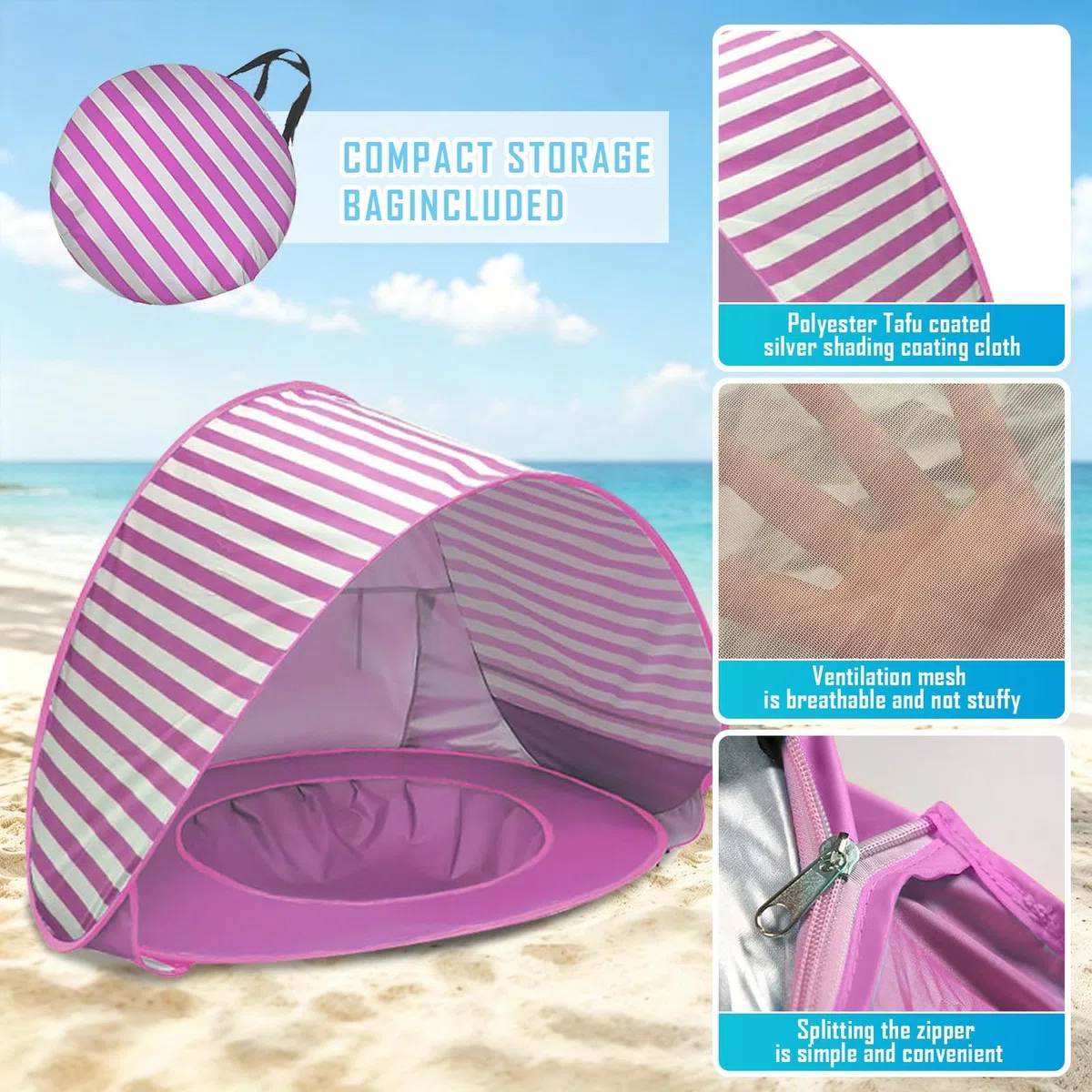 MeYuxg Tenda da spiaggia per bambini con protezione UV 50+ portatile mini piscina separabile rosa
