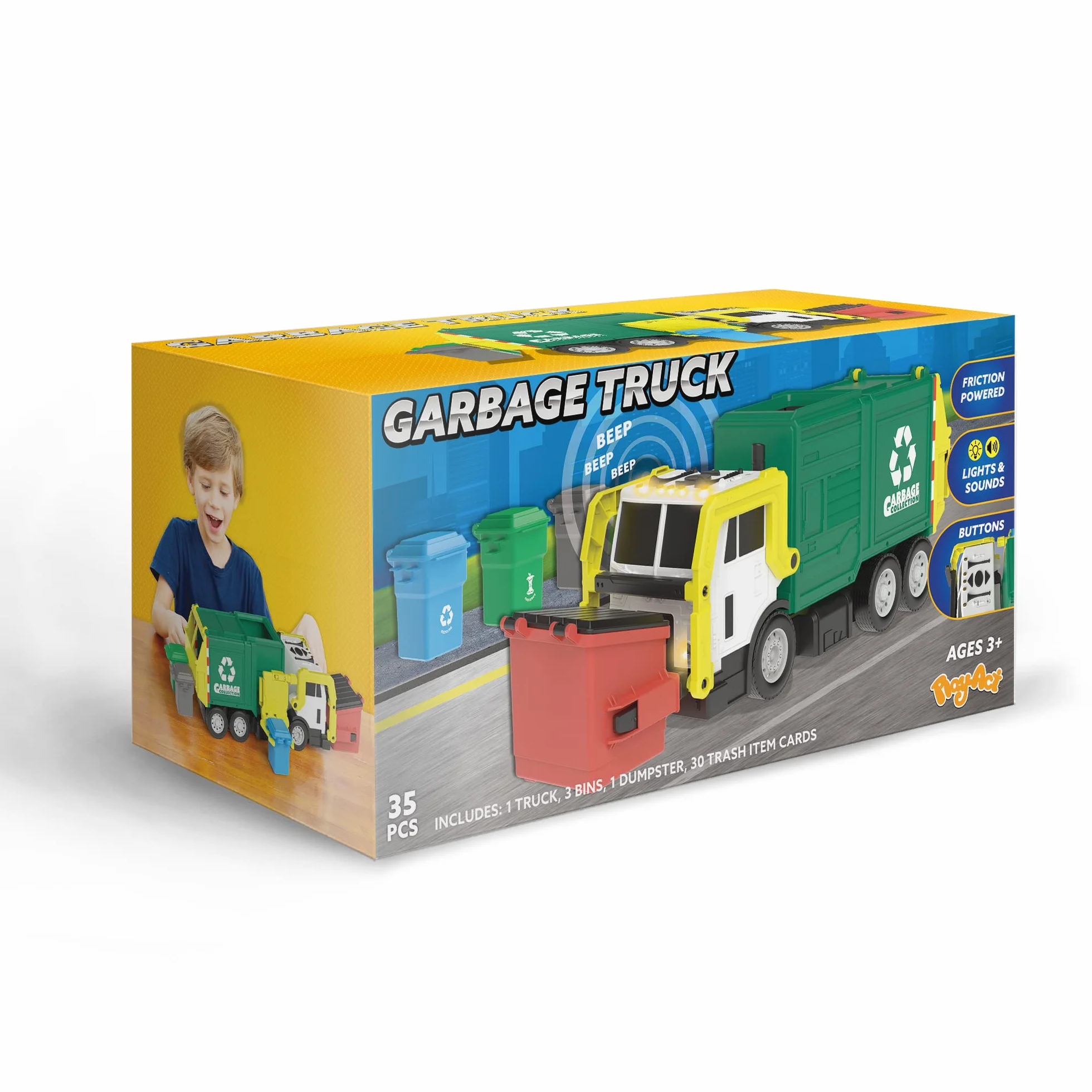 JOYIN Grande Camion Spazzatura da 40 cm, Giocattolo a Frizione con Luci e Suoni, con Pattumiera a Caricamento Frontale, 3 Bidoni Laterali con 30 Carte Pattumiera, Giocattoli per Bambini 3+(verde)