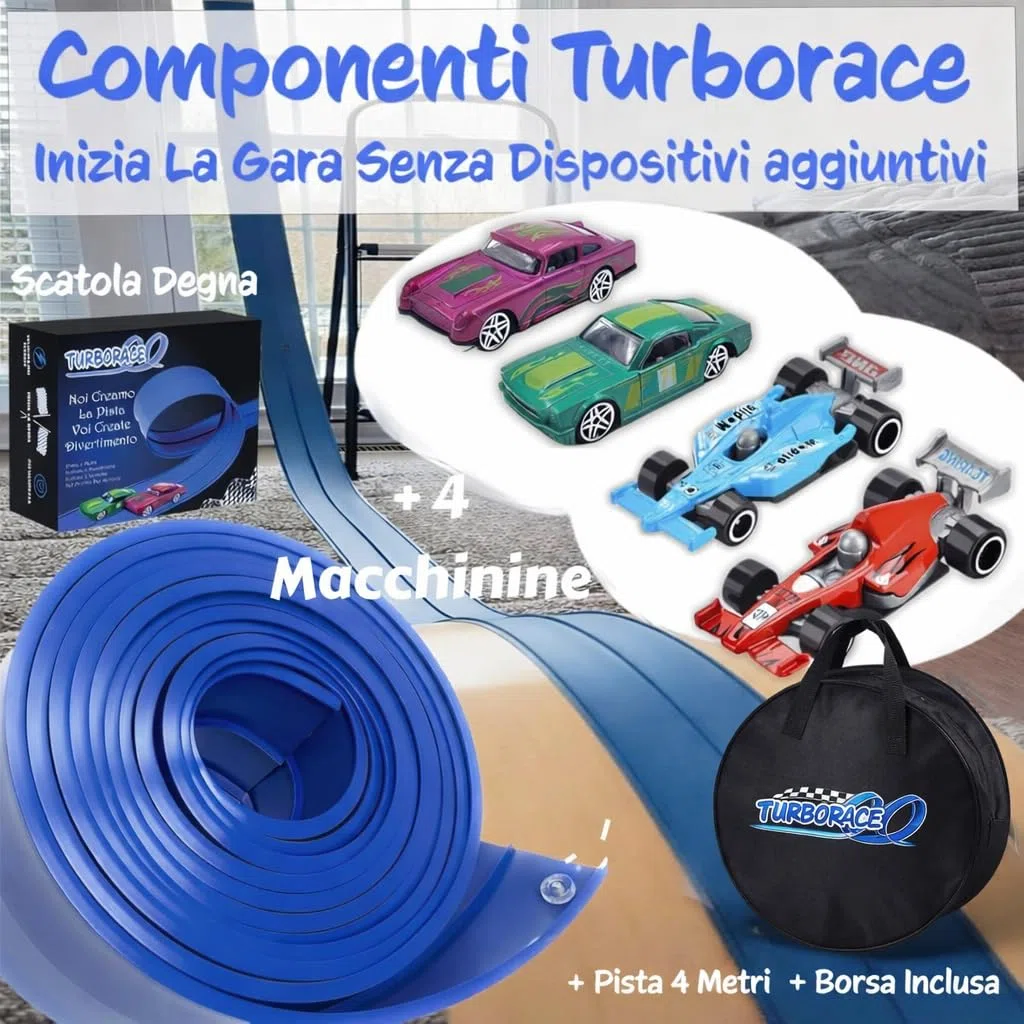 Turborace Pista Macchinine 4 Metri + 4 macchinine Flexible Blu Track