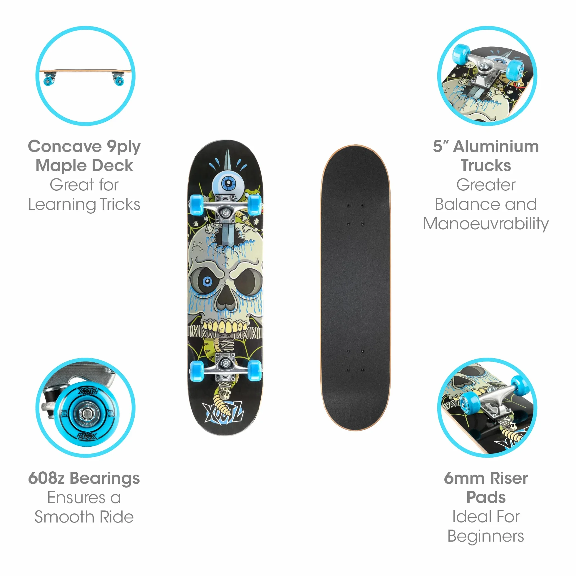 Xootz 31” x 8” Complete Skateboard for Beginners, 9 Ply Maple Deck, Double Kick Standard Board, for Boys and Girls, Multiple Colours