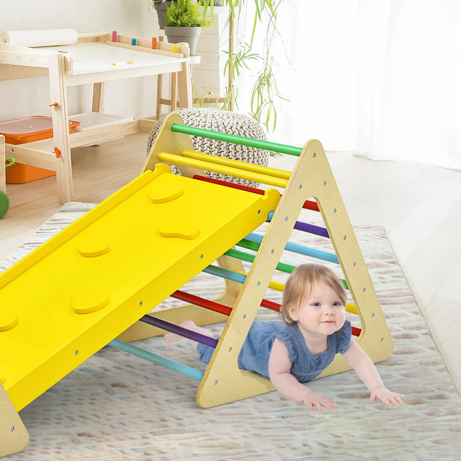 GYMAX Triangolo da Arrampicata per Bambini con Scivolo, Legno, Giocattolo a Scala, Esterno, Montessori, Colorato