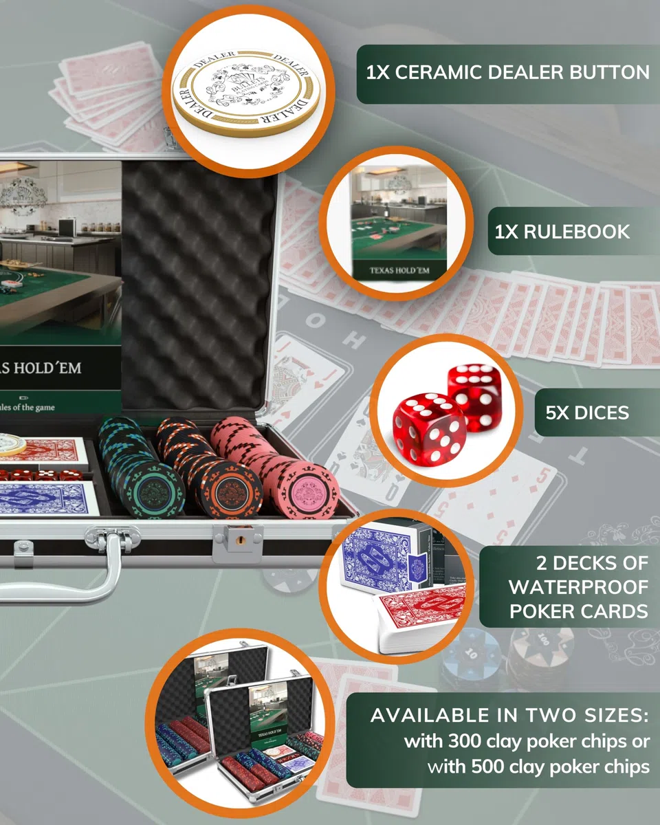 Bullets Playing Cards - Valigetta da poker Corrado – Set da poker con 300 chip da poker Clay senza valori – con pulsante di dealer in ceramica, confezione doppia di carte da poker