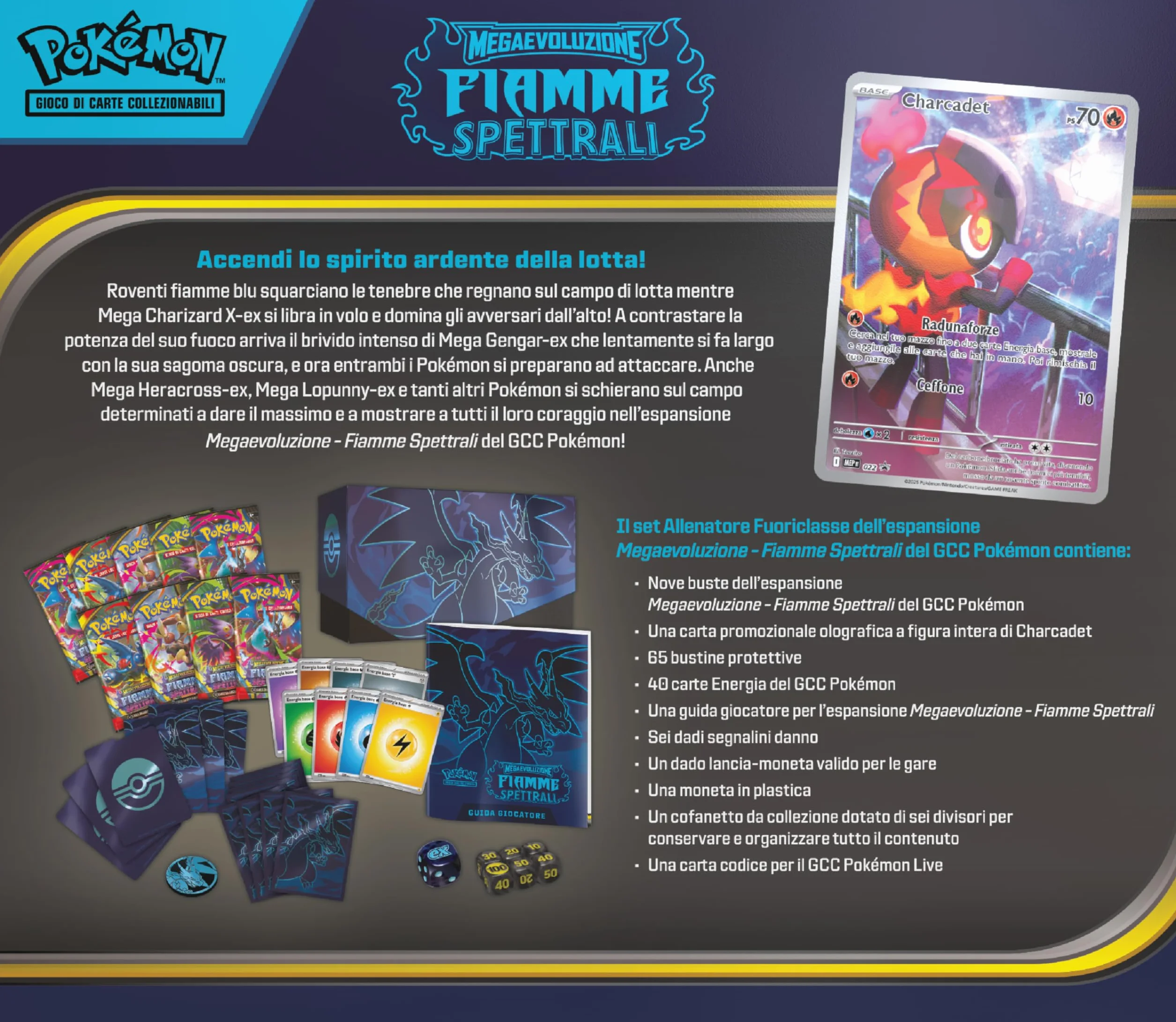 Pokémon GCC: Set Allenatore Fuoriclasse Fiamme Spettrali Megaevoluzione - Carta Promozionale, 9 Buste Espansione, Accessori Premium
