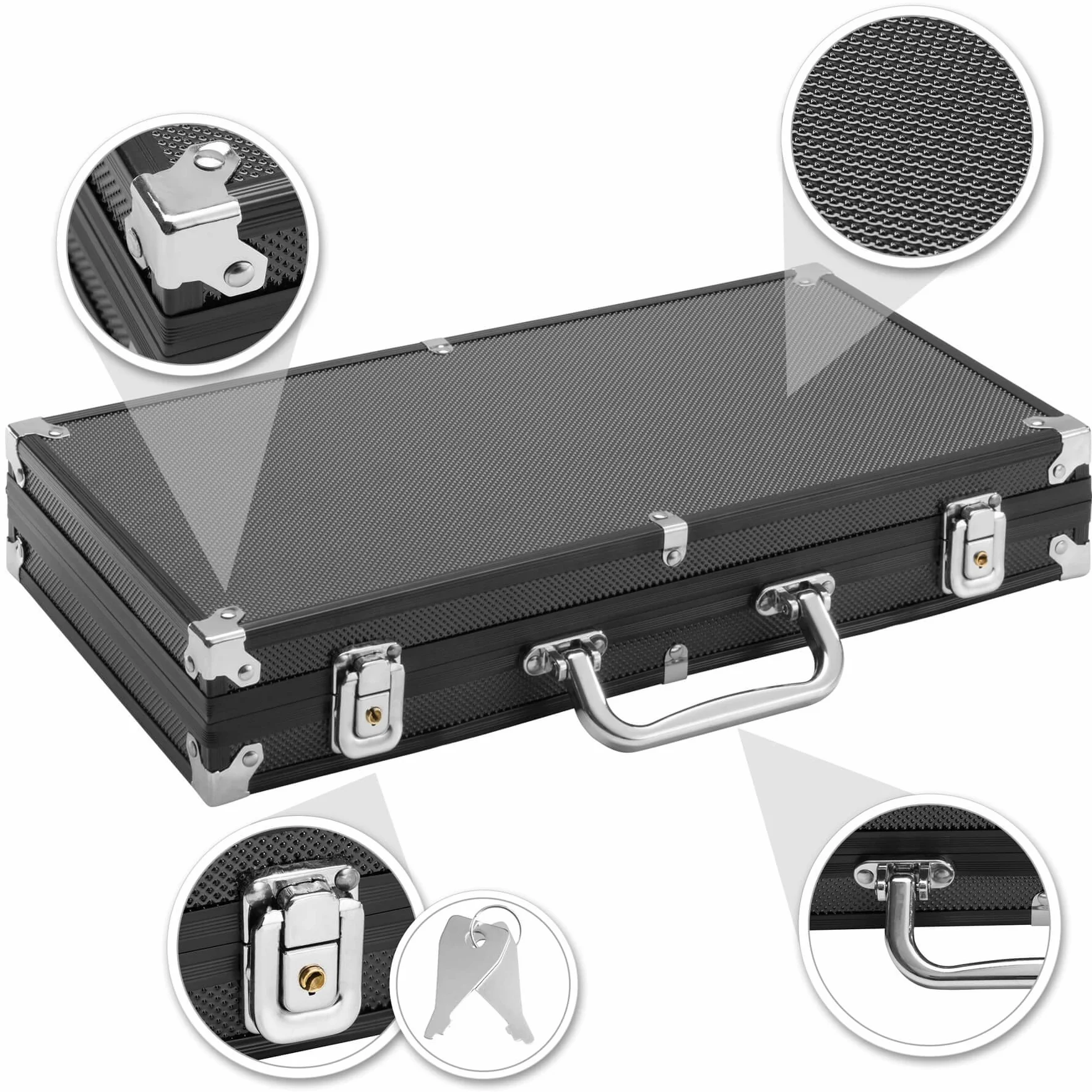 tectake® Set da Poker per Giochi con Chips Poker Professionali in Valigetta in Alluminio, 2 Mazzi di Carte da Gioco, Dadi, Fiches Grigie, Rosse, Blu, Verdi, Nere, Viola - 300 Pezzi - Nero