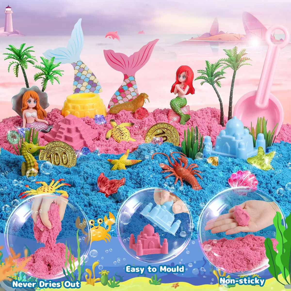 KNASON Sabbia Giocattolo Bambini Sirena,Sabbia Magica Giocattolo con 1KG di Sabbia Colorata,Scrigno del Tesoro e Cassetta Della Sand,Regalo di Natale per bambini di 3 4 5 6 7 8 anni