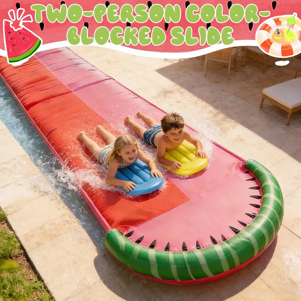 Scivolo ad Acqua 480cm x 140cm Doppio da Giardino con Irrigatore 2 Bodyboards per Adulti Bambini Estate