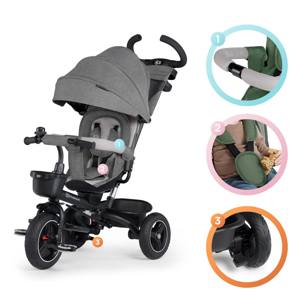Kinderkraft SPINSTEP Triciclo bambini dai 9 Mesi con Maniglione, Cappottina impermeabile con filtro UPF50+, Pieghevole, Seduta girevole a 360 gradi, Grigio