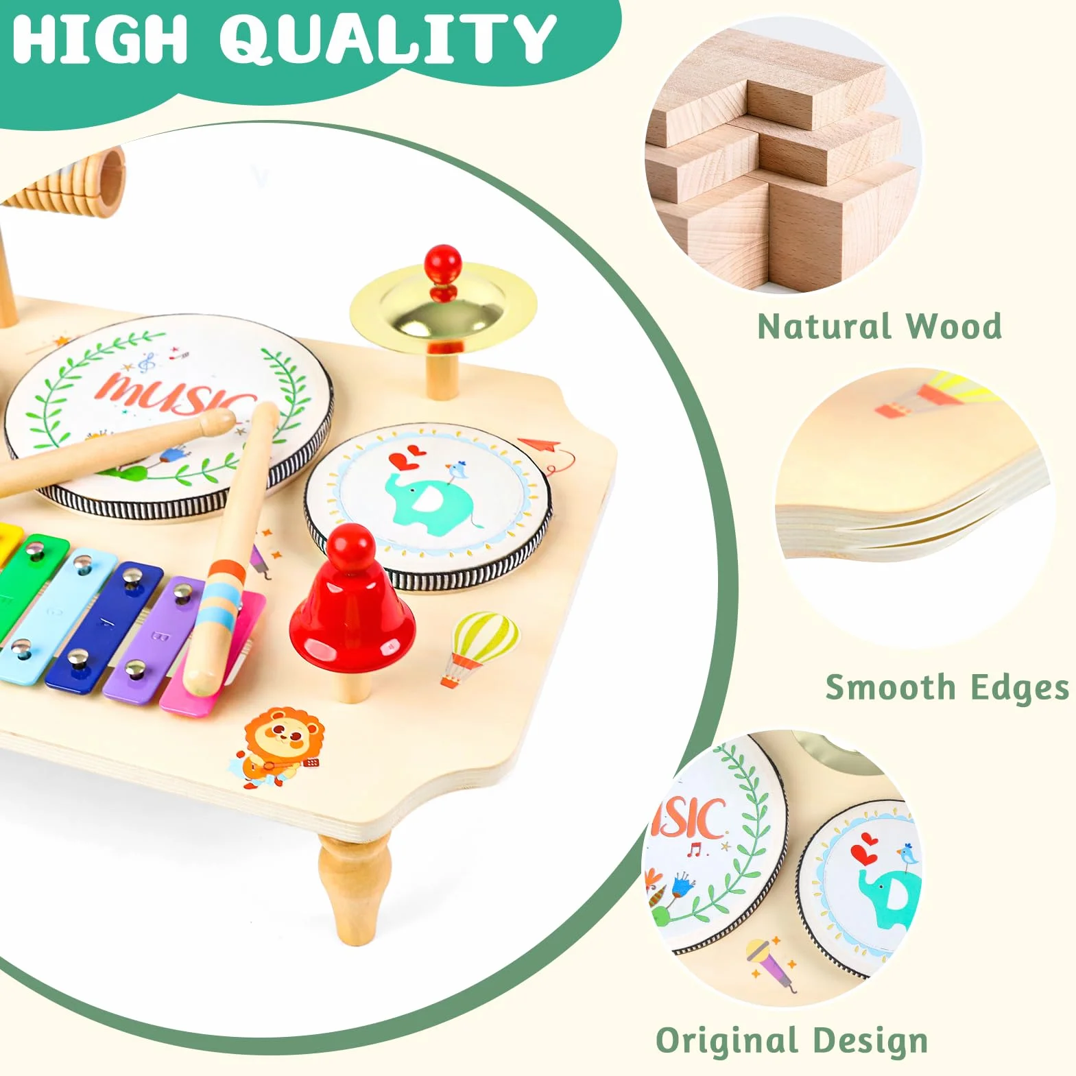LZDMY Giochi Montessori per Bambini 1-3 Anni, Batteria Musicale per Bambini 1-5 Anni, 11 in 1 Tamburo Bambino Xilofono, Giocattoli Musicali in Legno, Regalo per Bambina per Compleanno, Natale, Pasqua