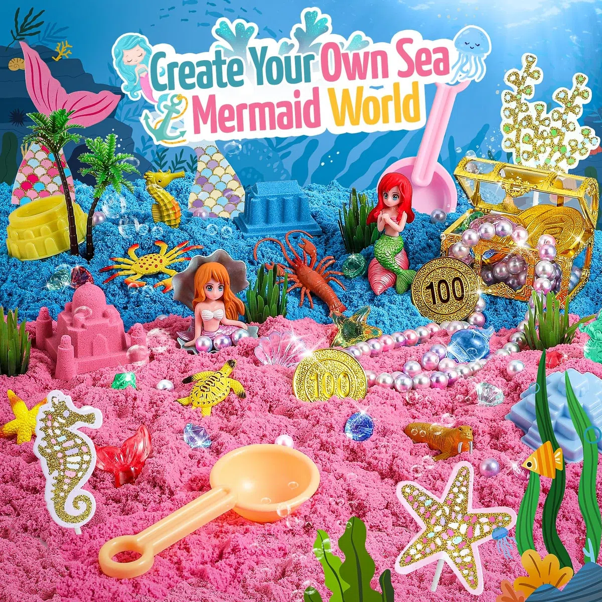 KNASON Sabbia Giocattolo Bambini Sirena,Sabbia Magica Giocattolo con 1KG di Sabbia Colorata,Scrigno del Tesoro e Cassetta Della Sand,Regalo di Natale per bambini di 3 4 5 6 7 8 anni