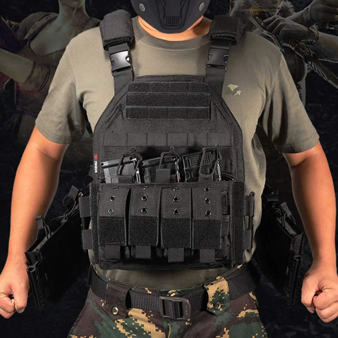 Gilet tattico per softair, con piastra a sgancio rapido, traspirante, per giochi di softair e giochi CS, borsa a tema personaggio cosplay, regali di Halloween, versione aggiornata CP, cachi, 46 x 35 x