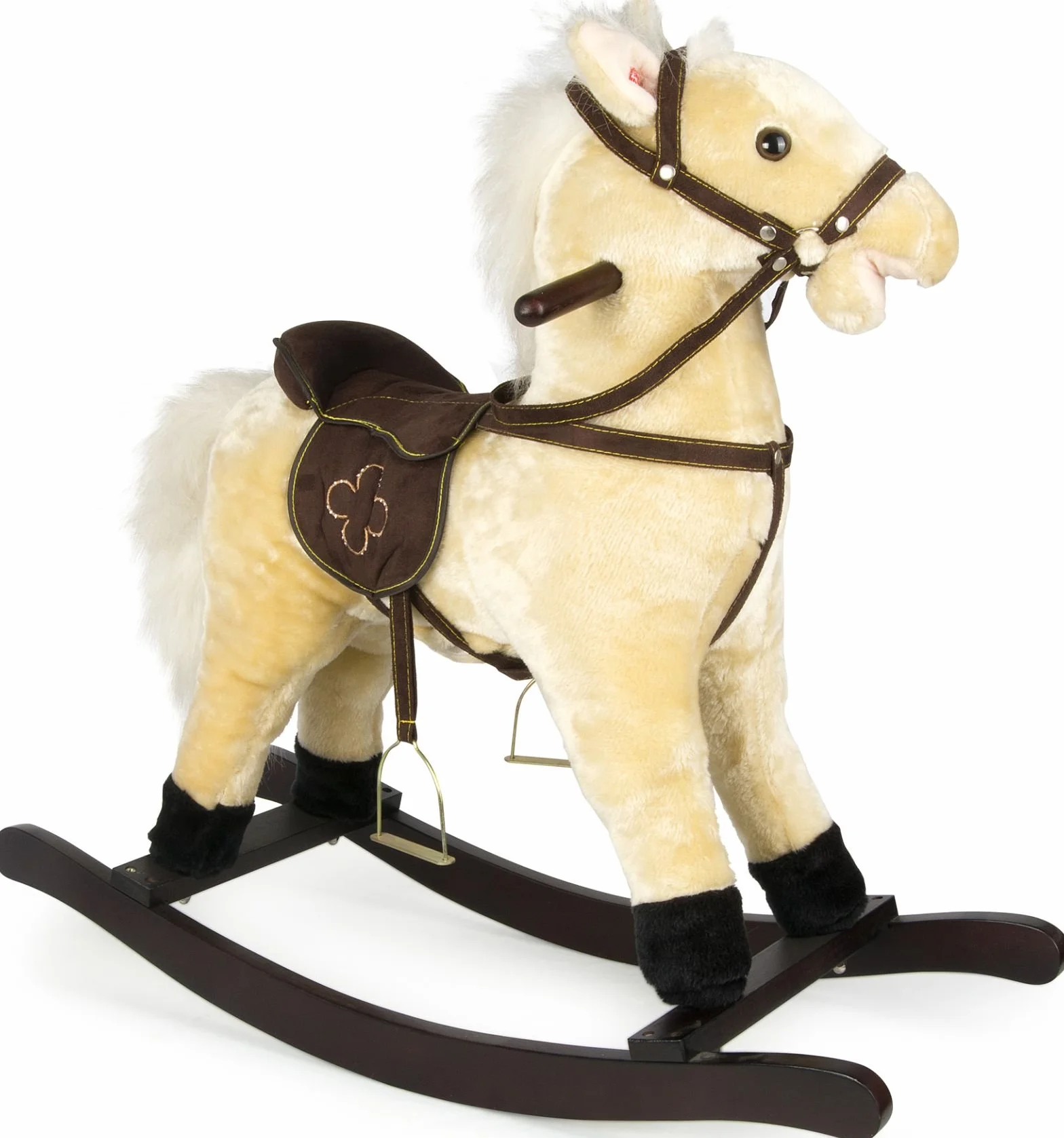 Cavallo a Dondolo per Bambini in Peluche con Suoni, Morbido e Interattivo con Struttura in Legno Sella e Staffe Giocattolo Sicuro per Divertimento e Relax Idea Regalo 74x30x70 cm.