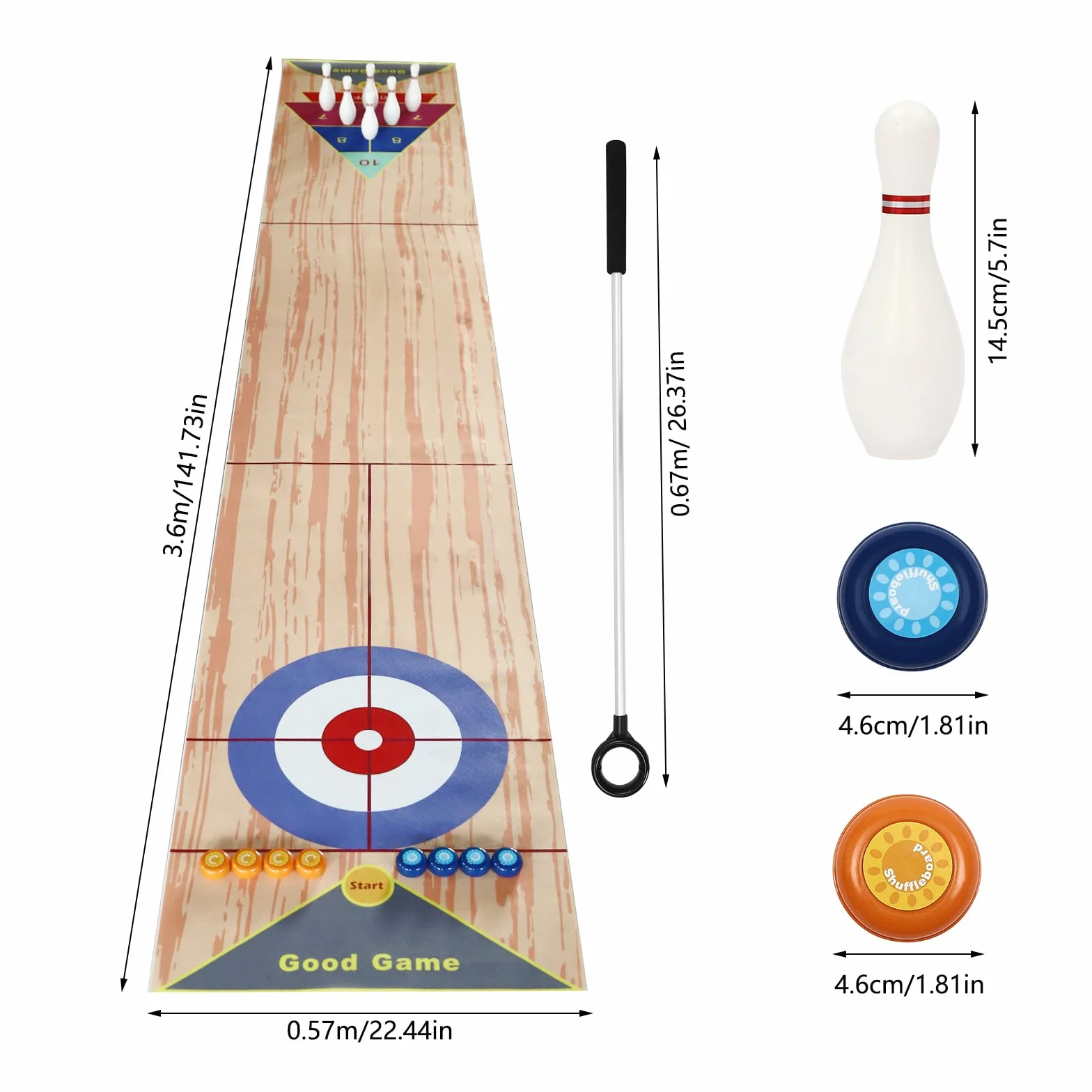 Gioco di quilling 3 in 1, 360 x 57 cm, portatile, gioco di birilli da tavolo, set di birilli da curling con 6 bowling e 2 putter per bambini, per feste di famiglia