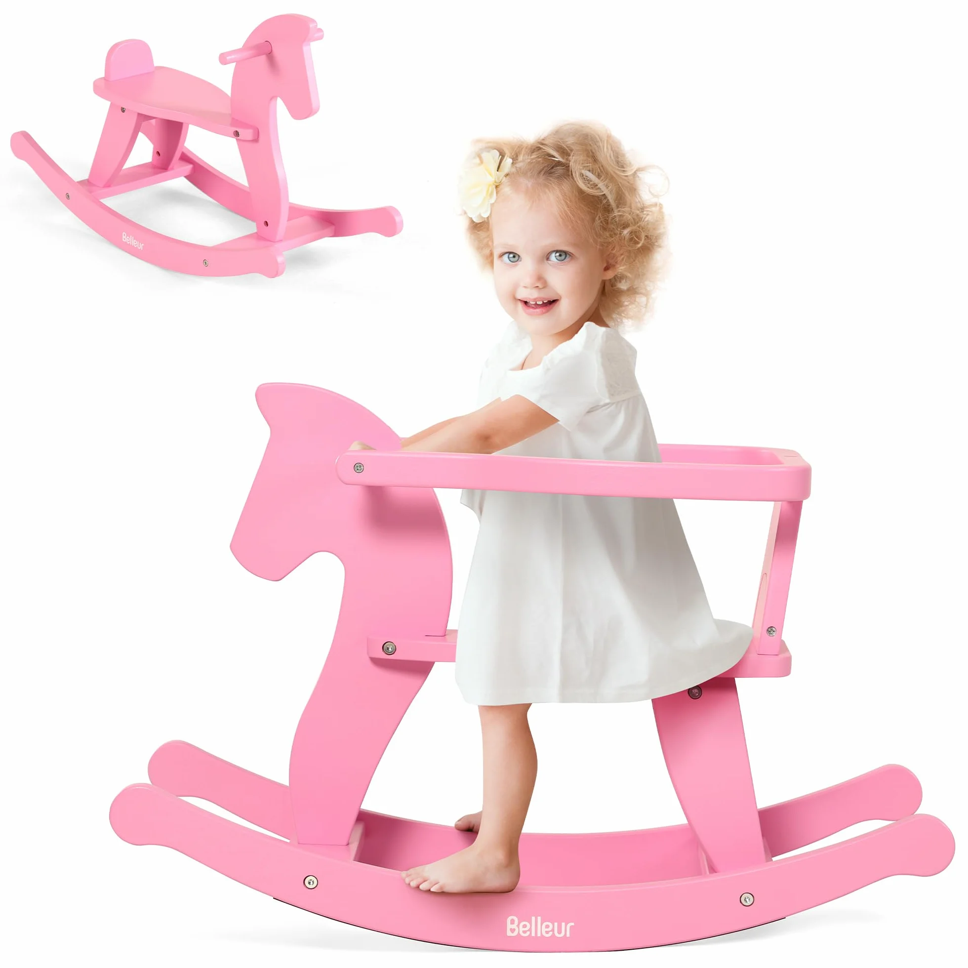 Belleur Cavallo a Dondolo in Legno per Bambini, Cavalcabile in Legno per Bambini da 1 a 3 Anni, Ragazzi e Ragazze, Animale a Dondolo per attività al Chiuso e all'Aperto, Compleanno
