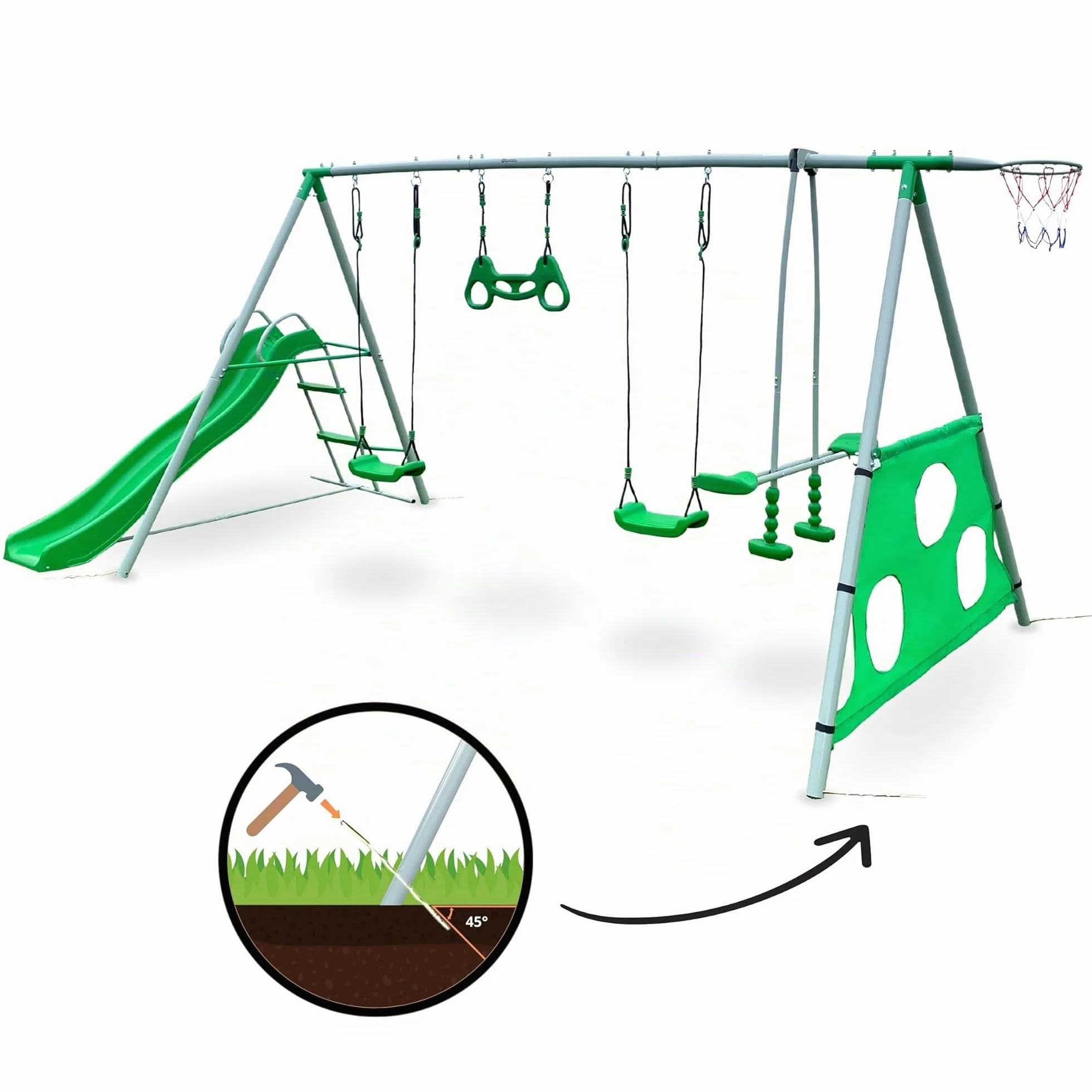 HyperMotion Swing HYP9 Parco giochi XXXL - Altalene Doppia e Singola, Scivolo, Trapezio, Cestino Basket, Scot Calcio - per 6 Bambini 3+ anni, 300 kg Max - Verde