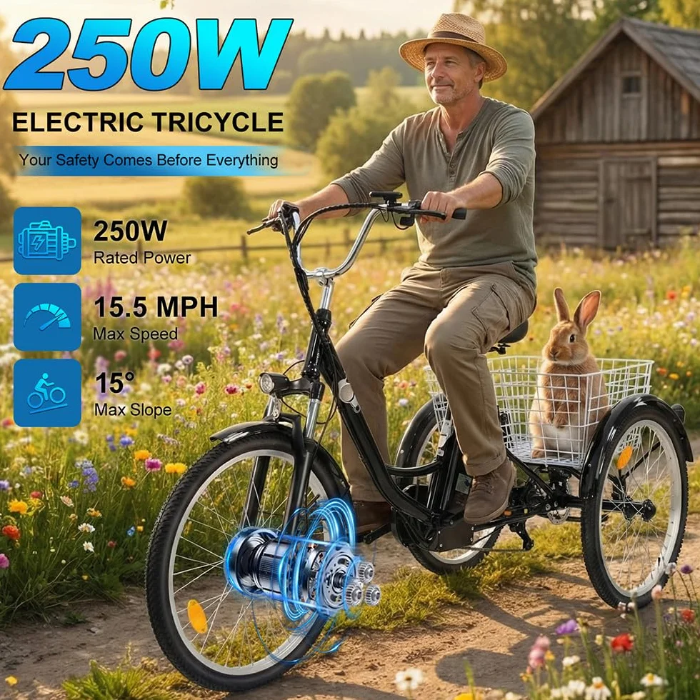 Triciclo elettrico per adulti M300 Batteria rimovibile da 36 V 15 Ah Pneumatici antiscivolo e resistenti all'usura da 24 x 2,125 pollici Triciclo da campeggio Triciclo da trasporto per anziani