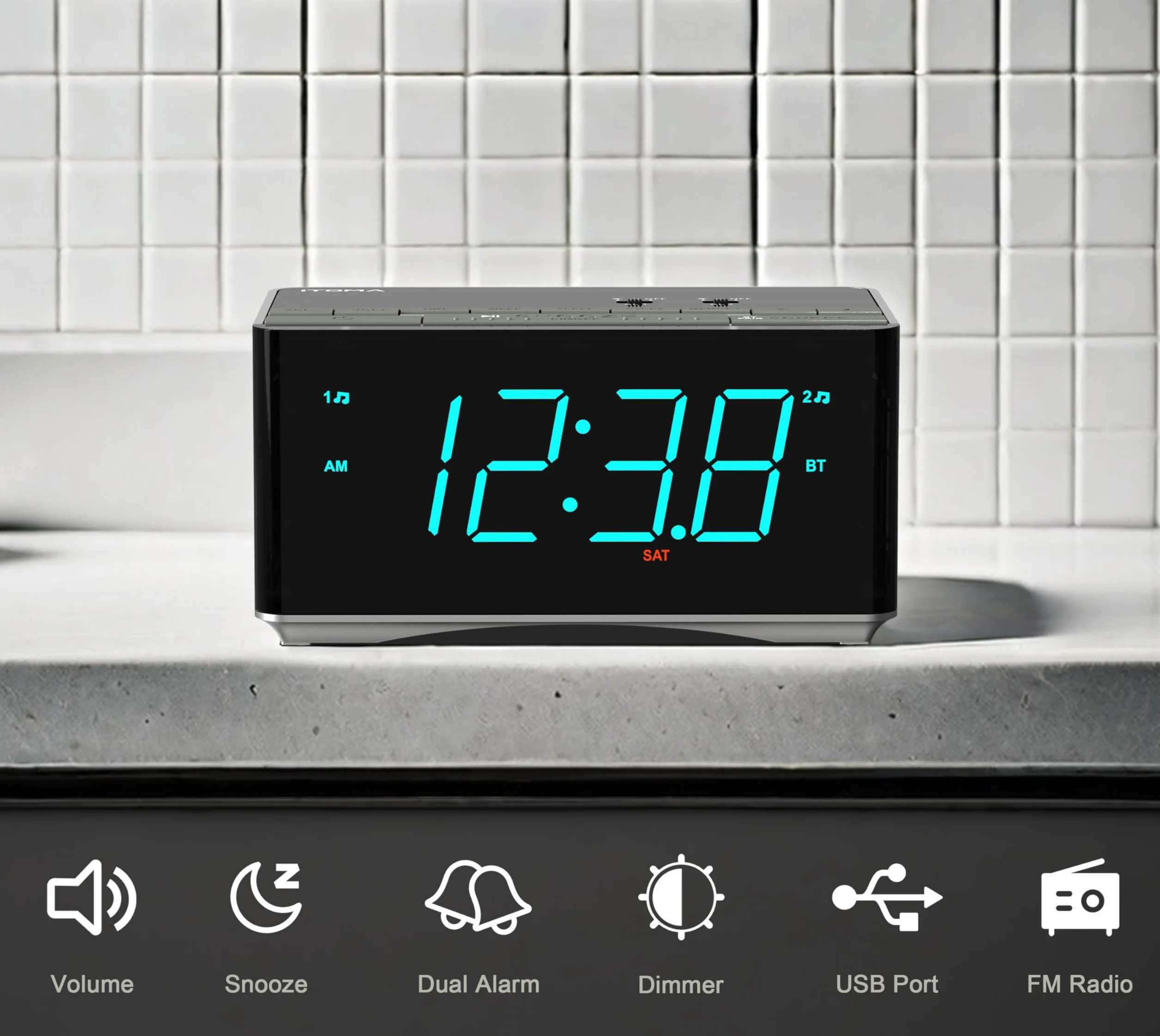 iTOMA Sveglia radio-altoparlanti stereo Bluetooth, radio FM, doppia sveglia, snooze, dimmer di luminosità, ricarica USB, sveglia per camera da letto ufficio 3501