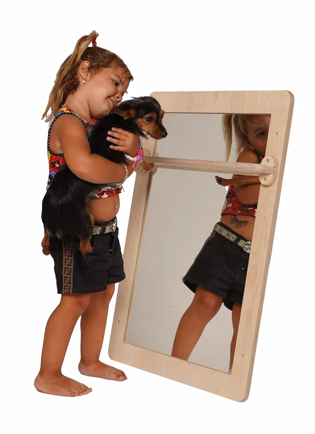 Specchio con Asta di Supporto Montessori (H80xL60CM, Legno Naturale)