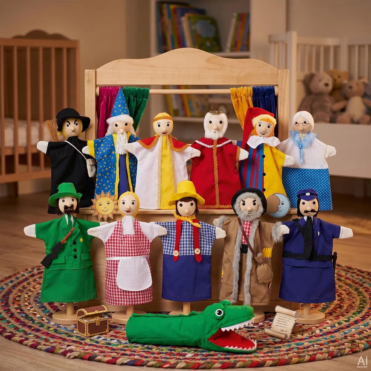 Goki SO450 - Assortimento di burattini a mano con 12 diversi burattini ideali per il teatro dei burattini