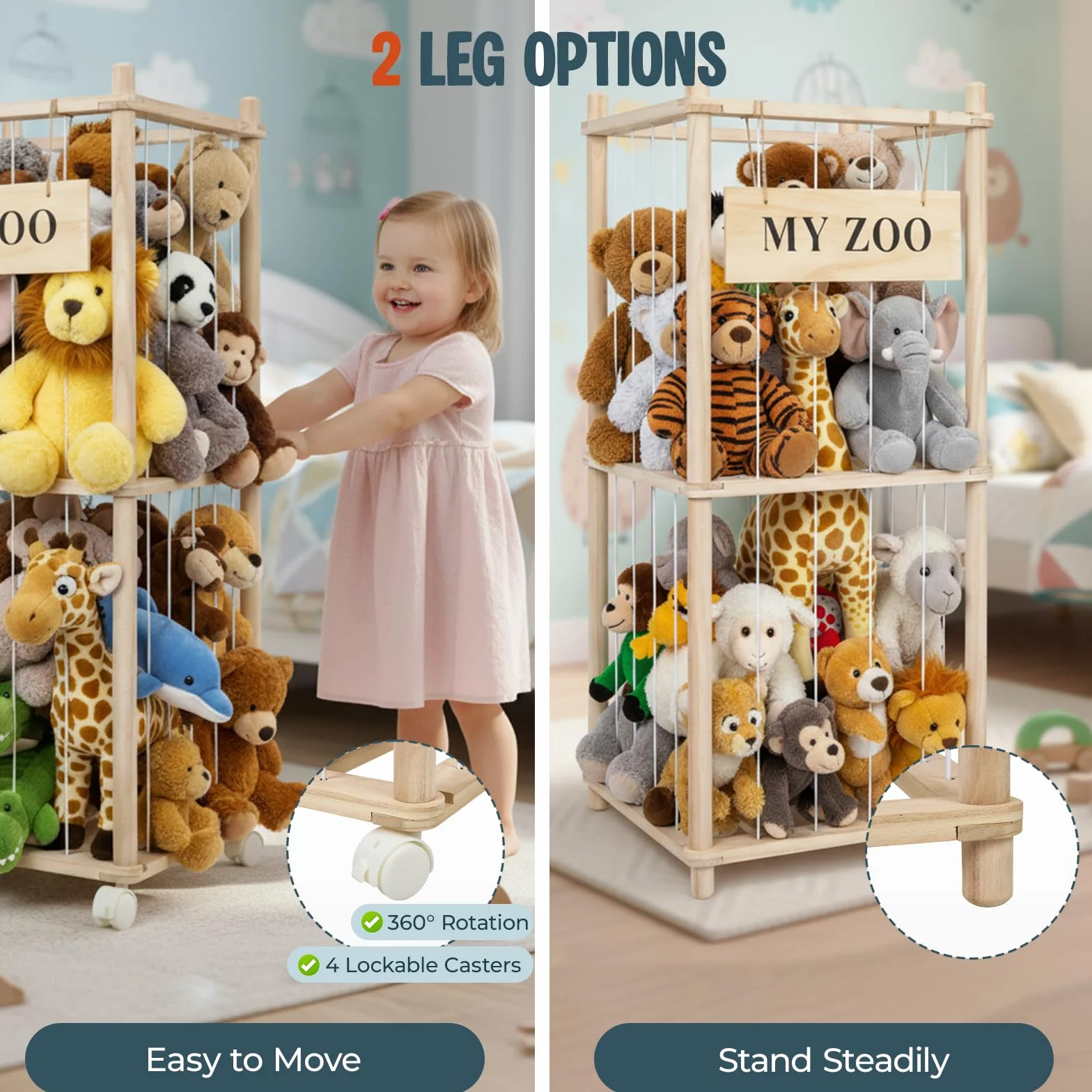 Porta Peluche Verticale a 2 Ripiani, Portapeluche con Ruote Frenate a 360°, Organizer per Animali di Peluche e Giocattoli, per Camera dei Bambini, Sala Giochi, Soggiorno, 95 x 40 x 40 cm