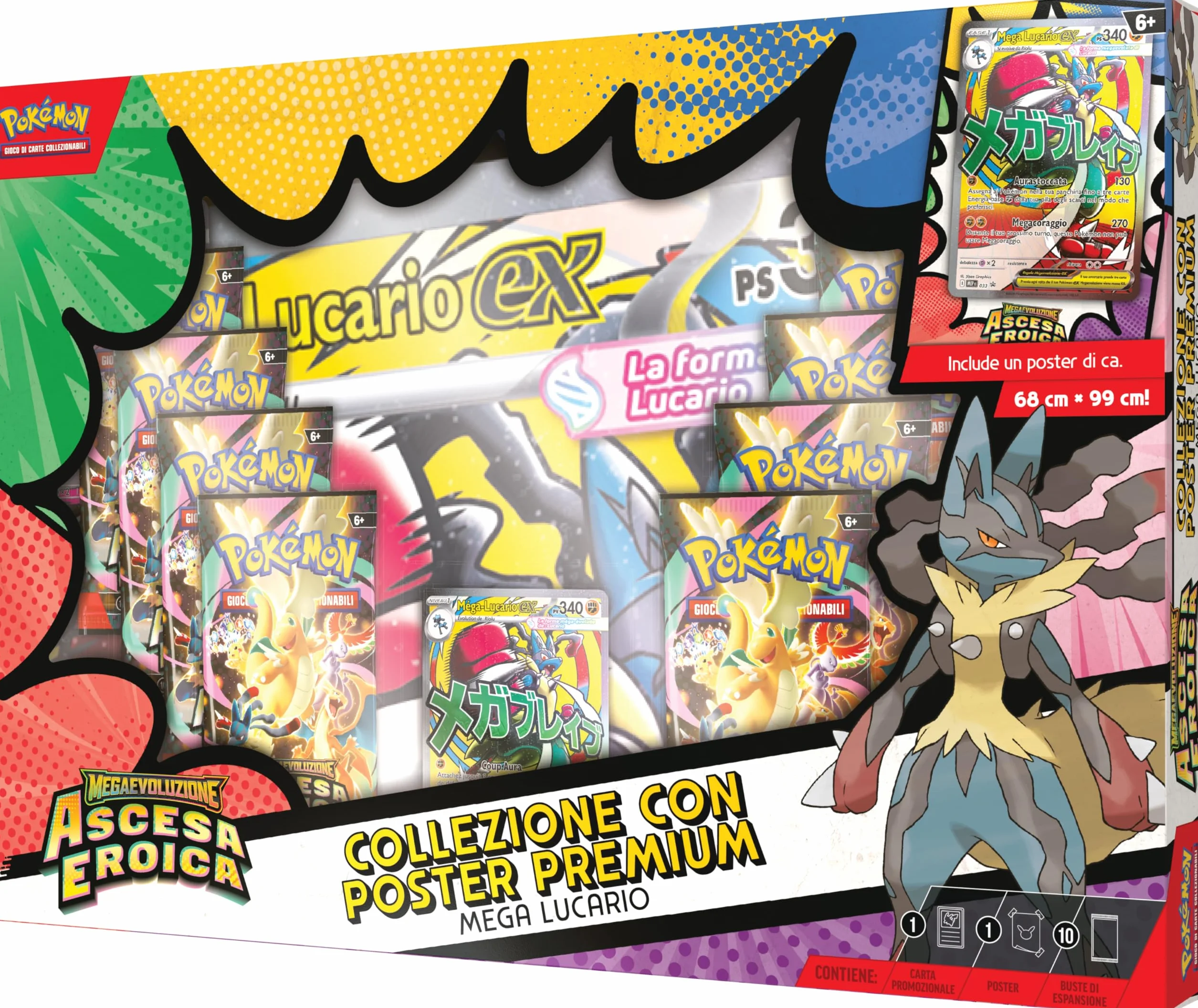 Pokémon: collezione con poster premium Mega Lucario dell’espansione Megaevoluzione - Ascesa Eroica del GCC Pokémon (una carta promozionale olografica, un poster fronte-retro e 10 buste di espansione)