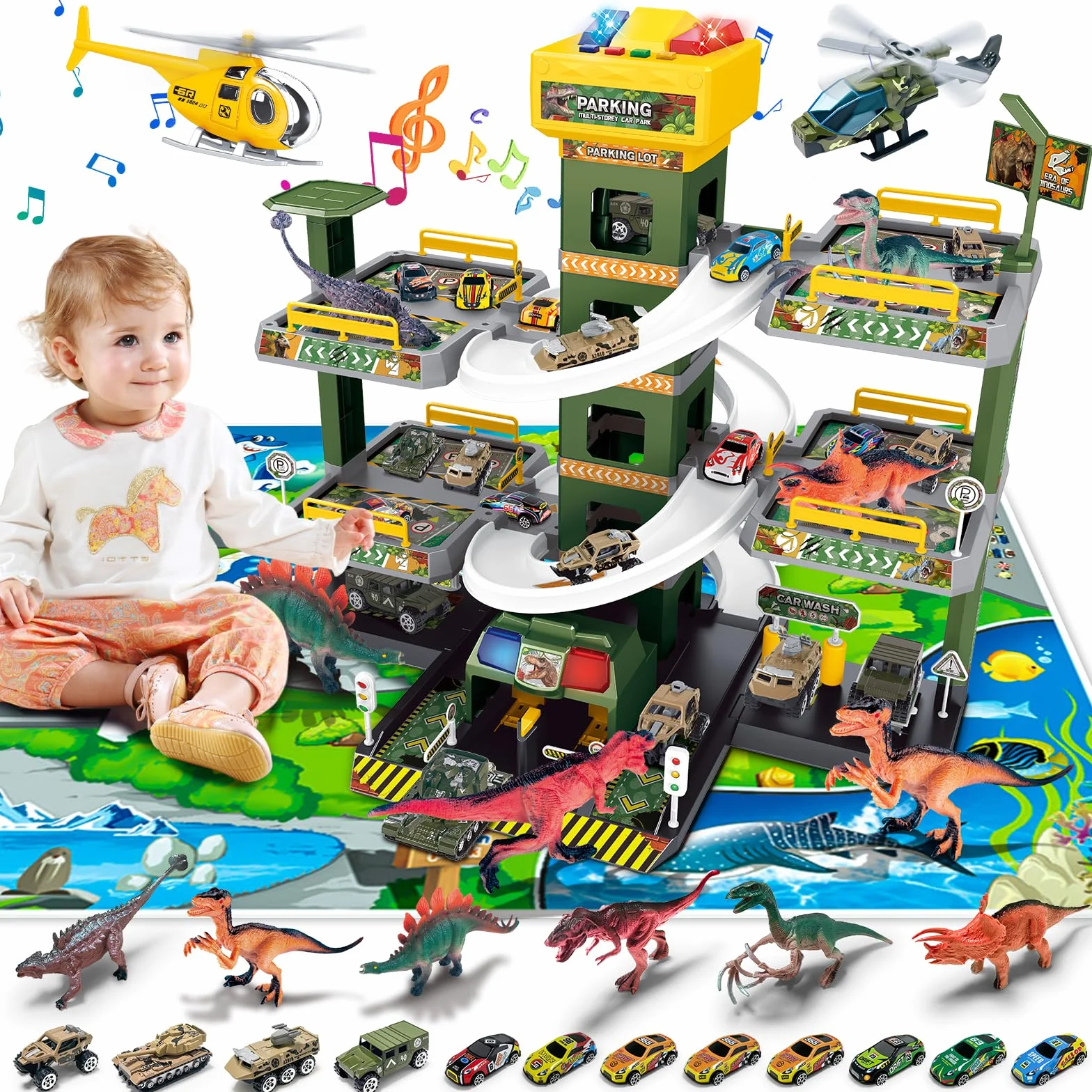 BuzzoXerex 5 Piani Garage Mmacchine per Bambini, Parcheggio Macchinine con 14 Autos e 2 Elicottero, Giocattolo Auto Garage con Ascensore e Rampe, Idea Regalo per Bambini 5 6 7 8 9 Anni (Dinosauro)