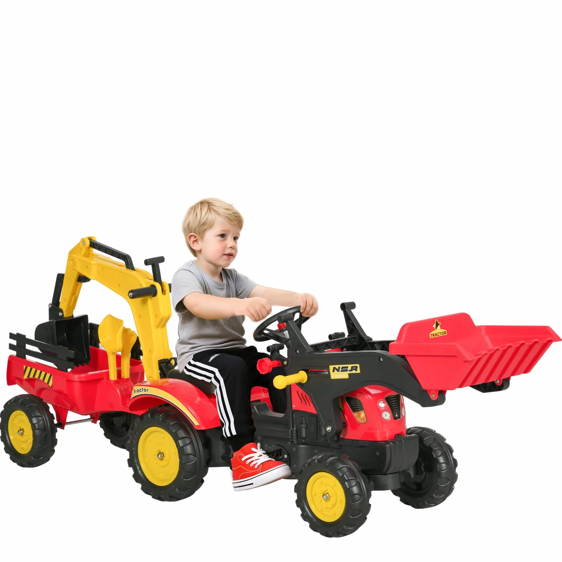 HOMCOM Ruspa Giocattolo a Pedali, Escavatore Cavalcabile per Bambini 179x42x59cm Multicolore