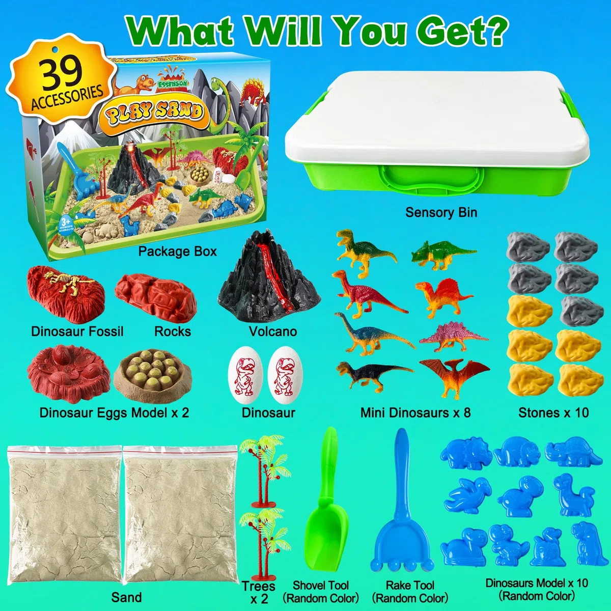 ESSENSON Sabbia per Bambini 1 KG Kit di Dinosauri Giocattoli Sensoriali Regalo 3-12 Anni