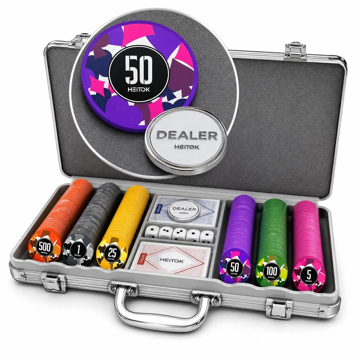 HEITOK Set Poker Professionale 300 Fiches Numerate 11,5g con Valigetta Alluminio Rinforzata, 2 Mazzi Carte e Bottone Dealer in Metallo per Texas Hold'em e Casinò