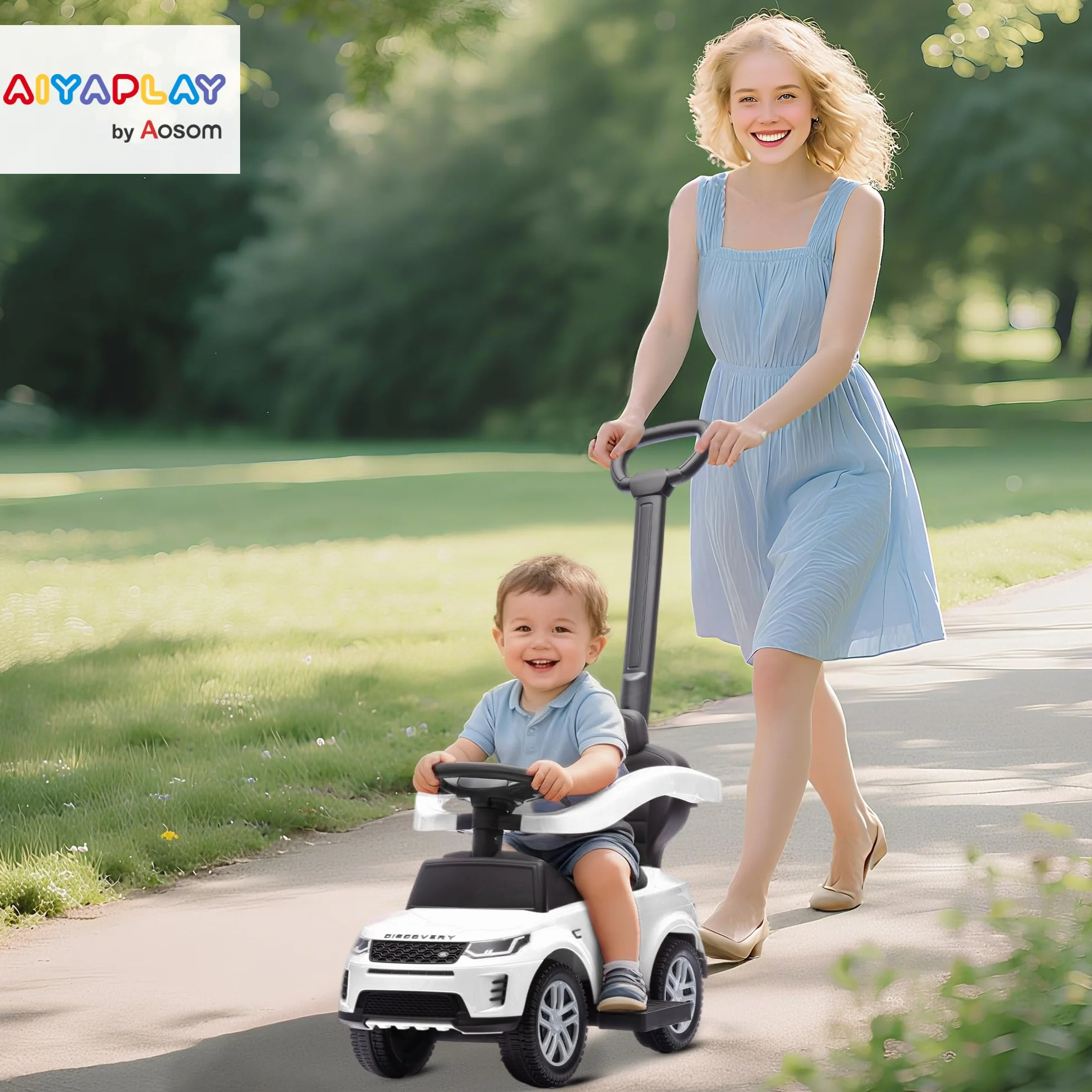 AIYAPLAY Macchina Primi Passi Cavalcabile per Bambini 1-3 Anni Licenza Land Rover Discovery con Maniglione e Barriera a 360°, Passeggino per Bambini in PP e Acciaio, 84x40x94.5 cm, Bianco