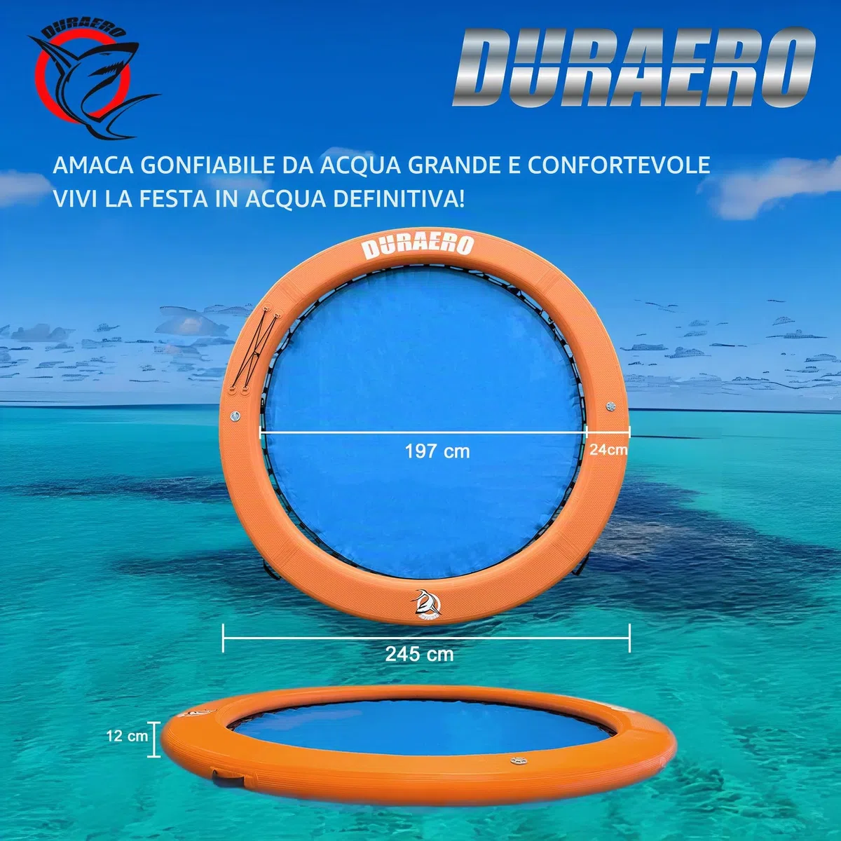 Amaca Gonfiabile ad Acqua Rotonda 245cm – Isola Galleggiante in PVC Drop-Stitch per 2–6 Persone, Piattaforma da Nuoto per Lago e Piscina, Lettino Galleggiante con Rete, Corda, Ganci e Maniglie