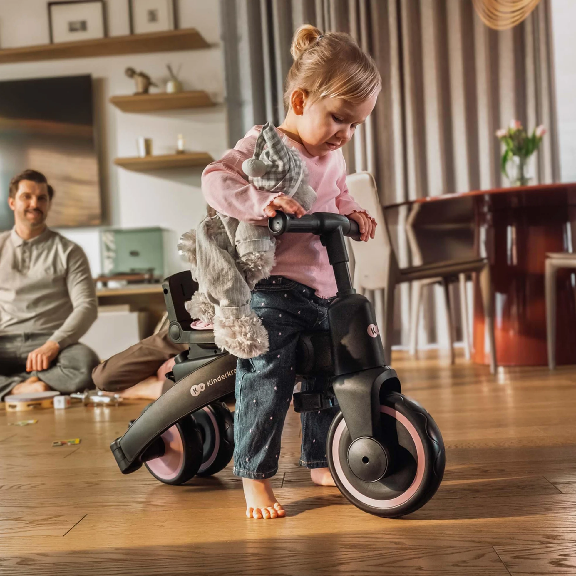 Kinderkraft JAZZ 3 triciclo pieghevole 9 mesi-25 kg, seduta 360°, semi-reclinabile fronte/retro, capotta UPF 50+ impermeabile, ruota libera, chiusura compatta, Verde